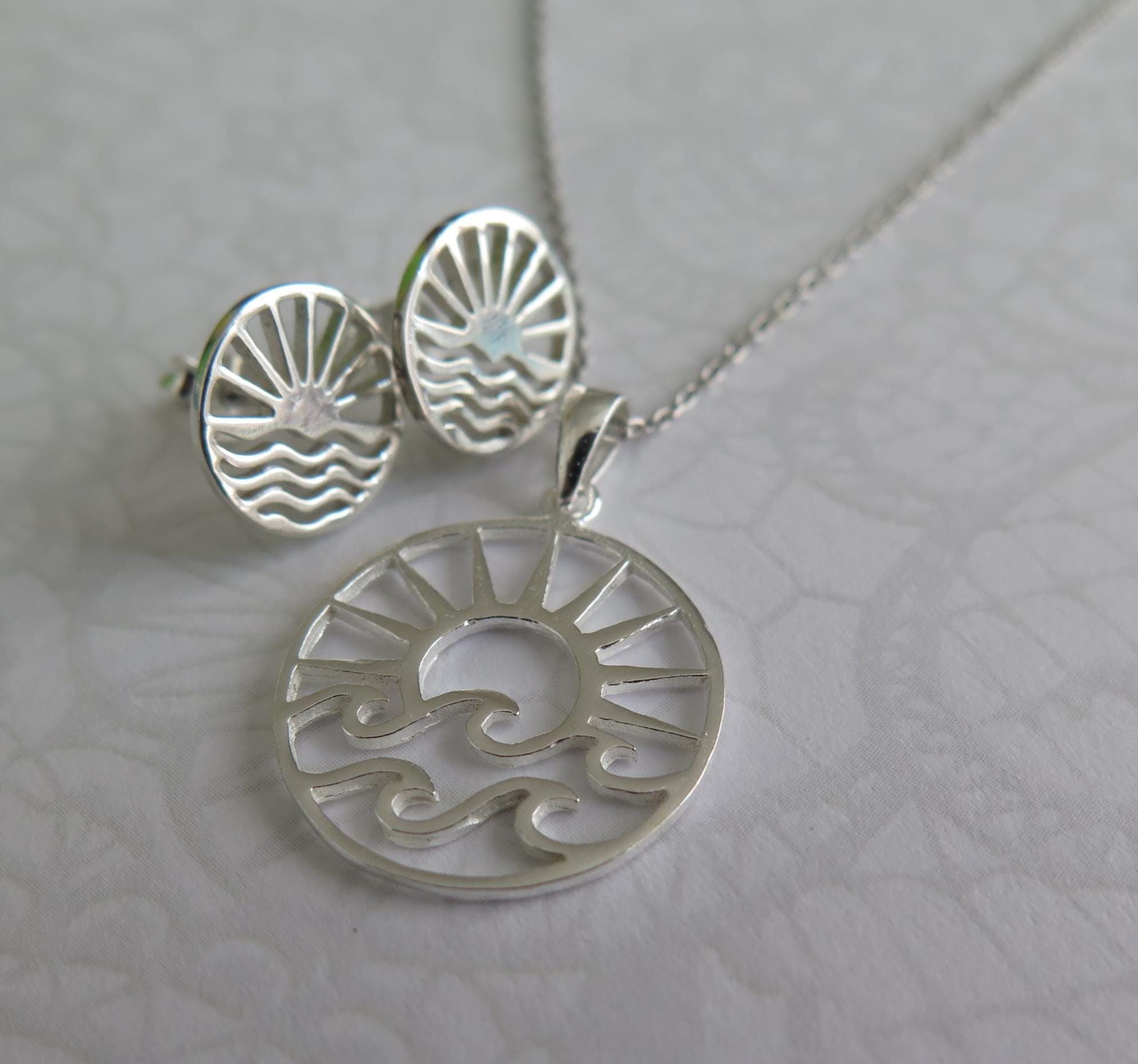 Sterling Silver Wave and Sun Pendant Necklace – 925 Silver 16" Chain – Boho Beach Jewelry, Nautical Gift, Handmade Dainty Silver Necklace