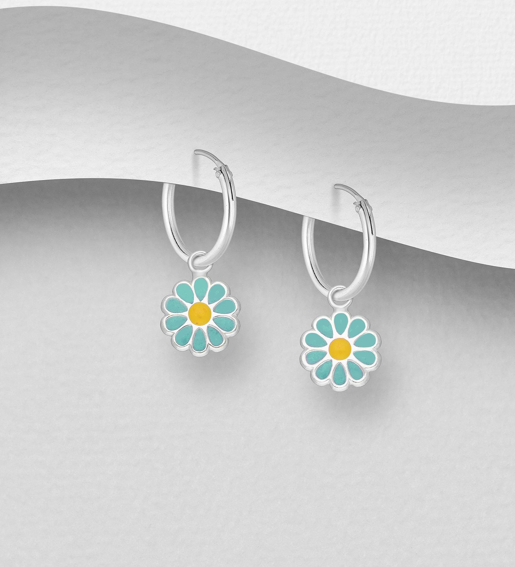 925 Sterling Silver Floral Hoop Earrings - Pink Red Purple Turquoise Enamel Flower Jewelry - Boho Gift for Women - Handmade Dainty Chic