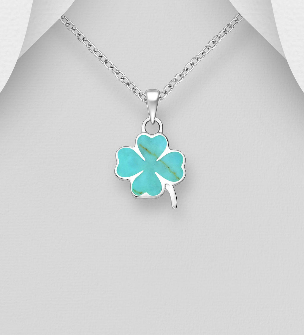 Shamrock Pendant with 18 Inch Chain – Green and Turquoise Gemstone, 925 Silver Lucky Clover Necklace, Charm Minimalist Boho Gift, Shamrock