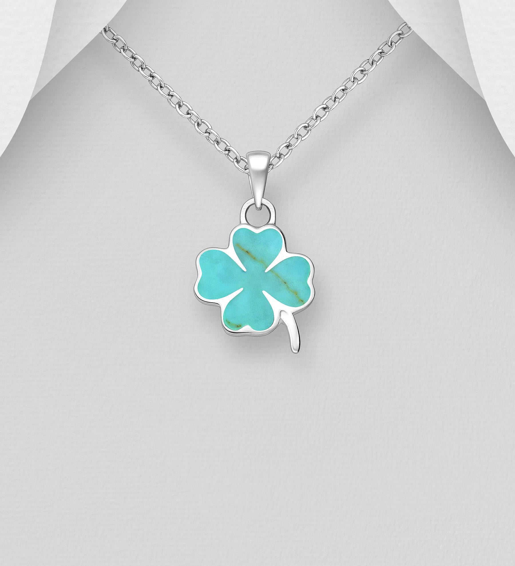 Shamrock Pendant with 18 Inch Chain – Green and Turquoise Gemstone, 925 Silver Lucky Clover Necklace, Charm Minimalist Boho Gift, Shamrock