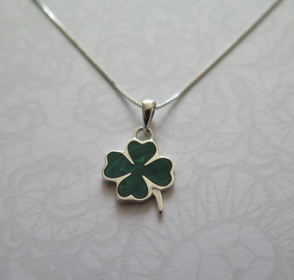 Shamrock Pendant with 18 Inch Chain – Green and Turquoise Gemstone, 925 Silver Lucky Clover Necklace, Charm Minimalist Boho Gift, Shamrock