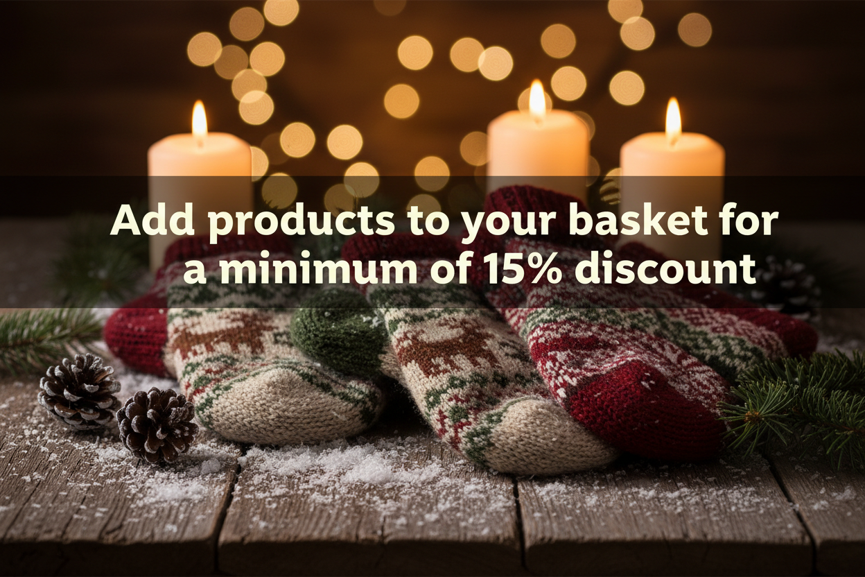 generate a good banner photo for winter socks with a wording to say add products to the basket for a minimum of 15% discount
