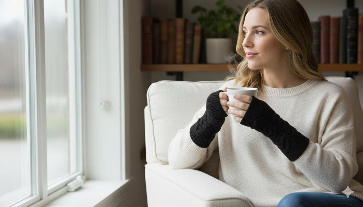 Alpaca Wool Fingerless Gloves | Women's Cable Knit Wrist Warmers | Cosy Winter Texting Mittens | Chilly Office Arm Cuffs - One Size