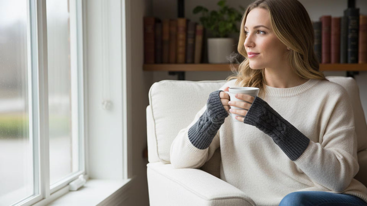 Alpaca Wool Fingerless Gloves | Women's Cable Knit Wrist Warmers | Cosy Winter Texting Mittens | Chilly Office Arm Cuffs - One Size