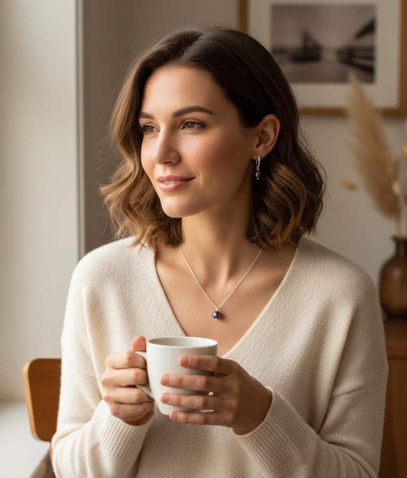 925 Sterling Silver Pearl Necklace & Hoop Earrings Set – 6-7mm Beaded with Freshwater Pearls (Black/White/Peach) – 15-17 Inch Silver Chain