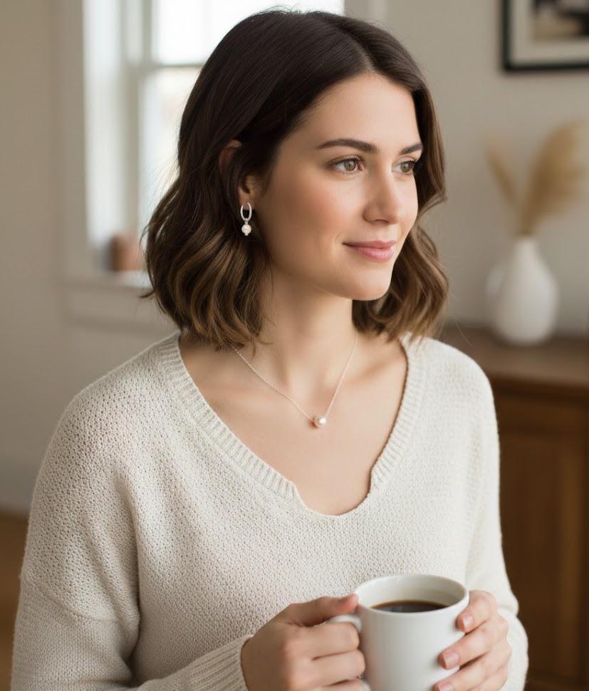 925 Sterling Silver Pearl Necklace & Hoop Earrings Set – 6-7mm Beaded with Freshwater Pearls (Black/White/Peach) – 15-17 Inch Silver Chain