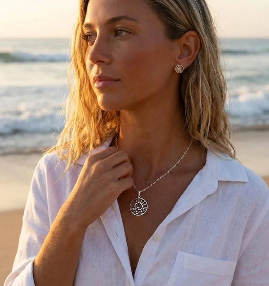 Sterling Silver Wave and Sun Pendant Necklace – 925 Silver 16" Chain – Boho Beach Jewelry, Nautical Gift, Handmade Dainty Silver Necklace