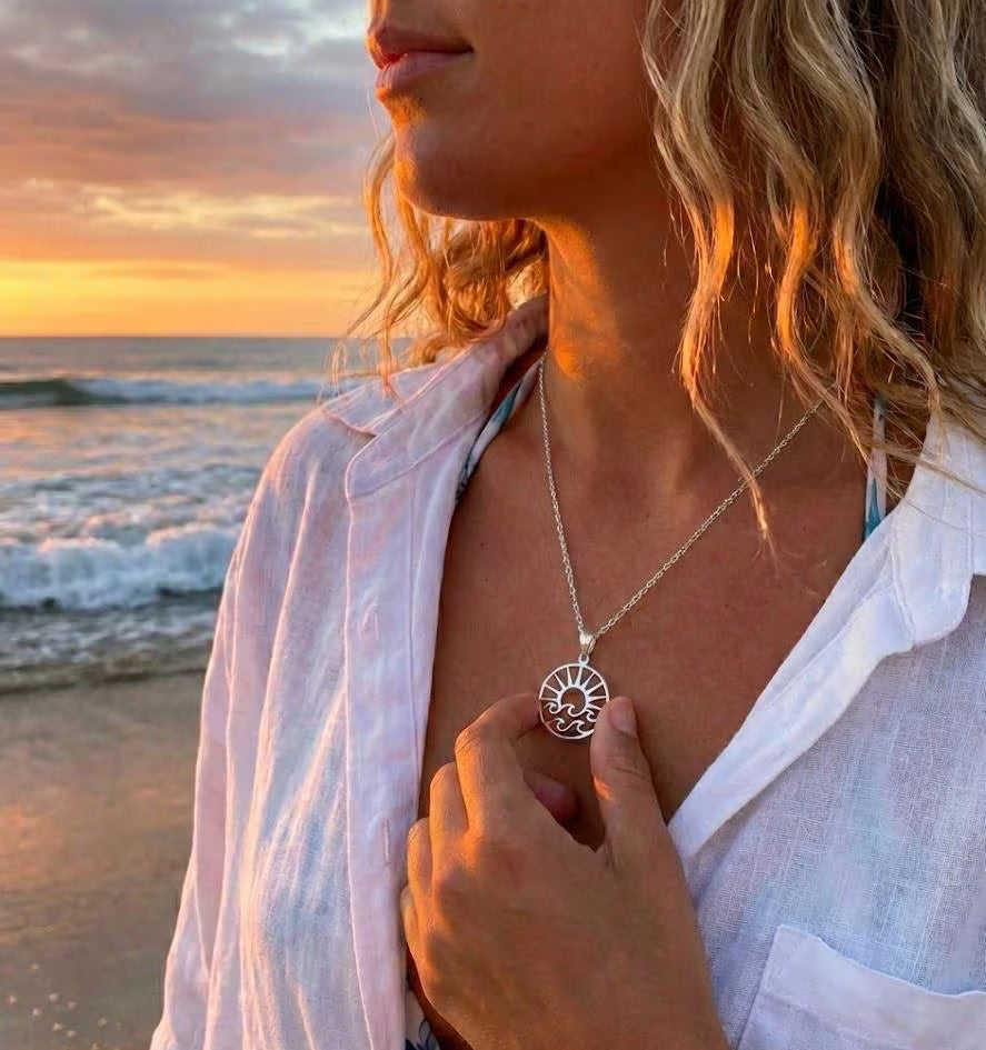 Sterling Silver Wave and Sun Pendant Necklace – 925 Silver 16" Chain – Boho Beach Jewelry, Nautical Gift, Handmade Dainty Silver Necklace