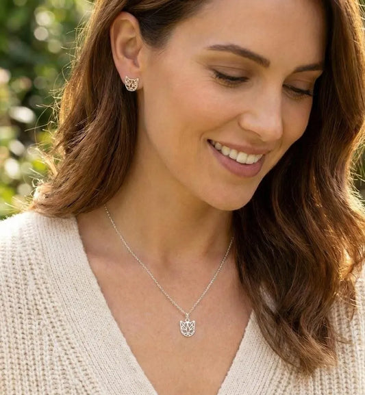 925 Sterling Silver Origami Tiger Pendant Necklace - 16 Inch Chain with Push Back Earrings - Minimalist Dainty Jewelry, Unique Gift