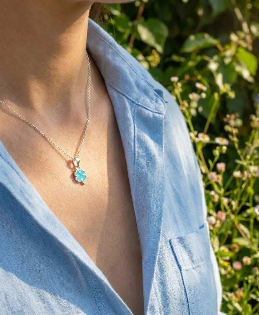 Shamrock Pendant with 18 Inch Chain – Green and Turquoise Gemstone, 925 Silver Lucky Clover Necklace, Charm Minimalist Boho Gift, Shamrock