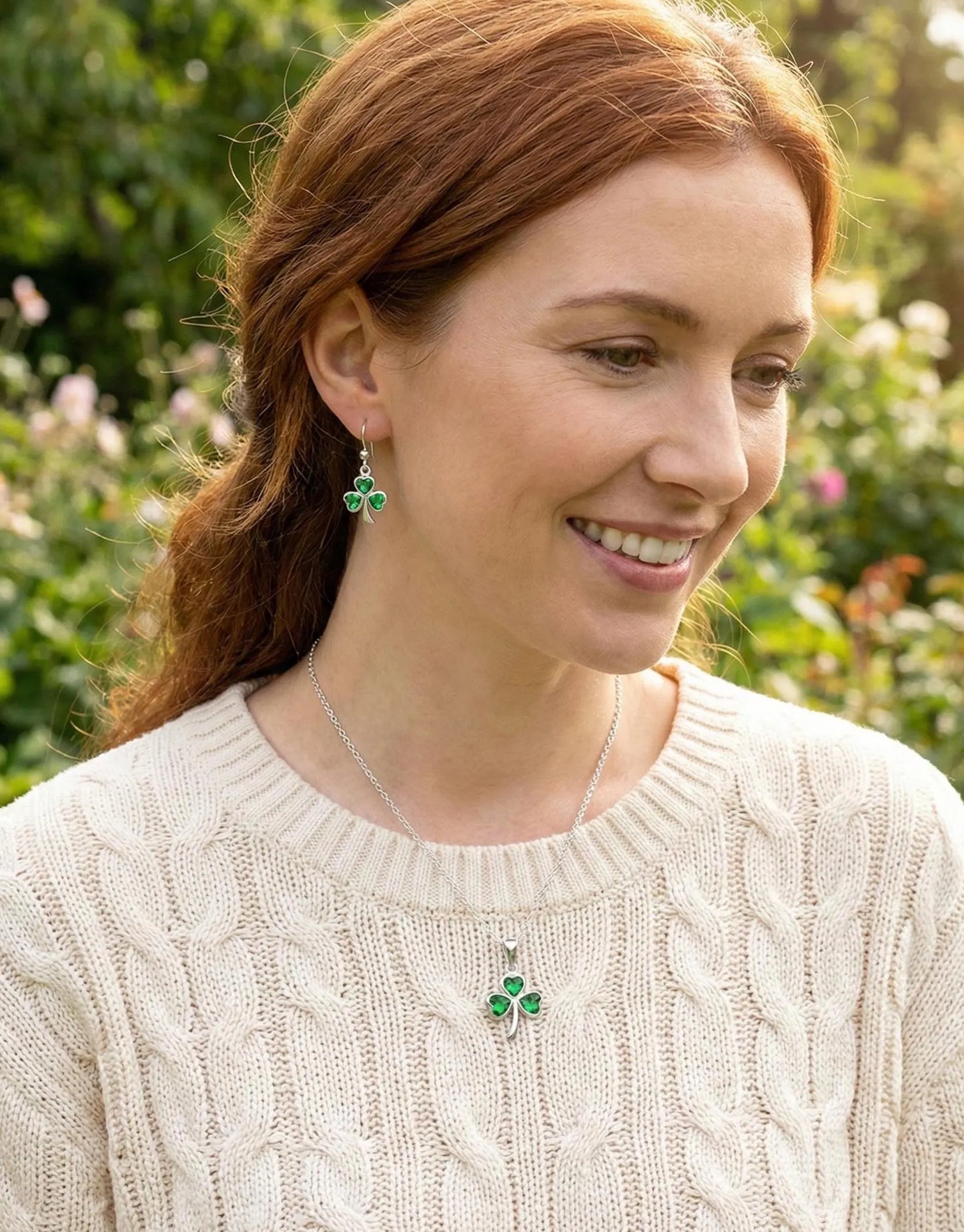 Shamrock Pendant Necklace with Earrings –  Emerald Crystal Gemstone, 925 Sterling Silver Clover Charm, 18 Inch Chain, Minimalist Boho Gift