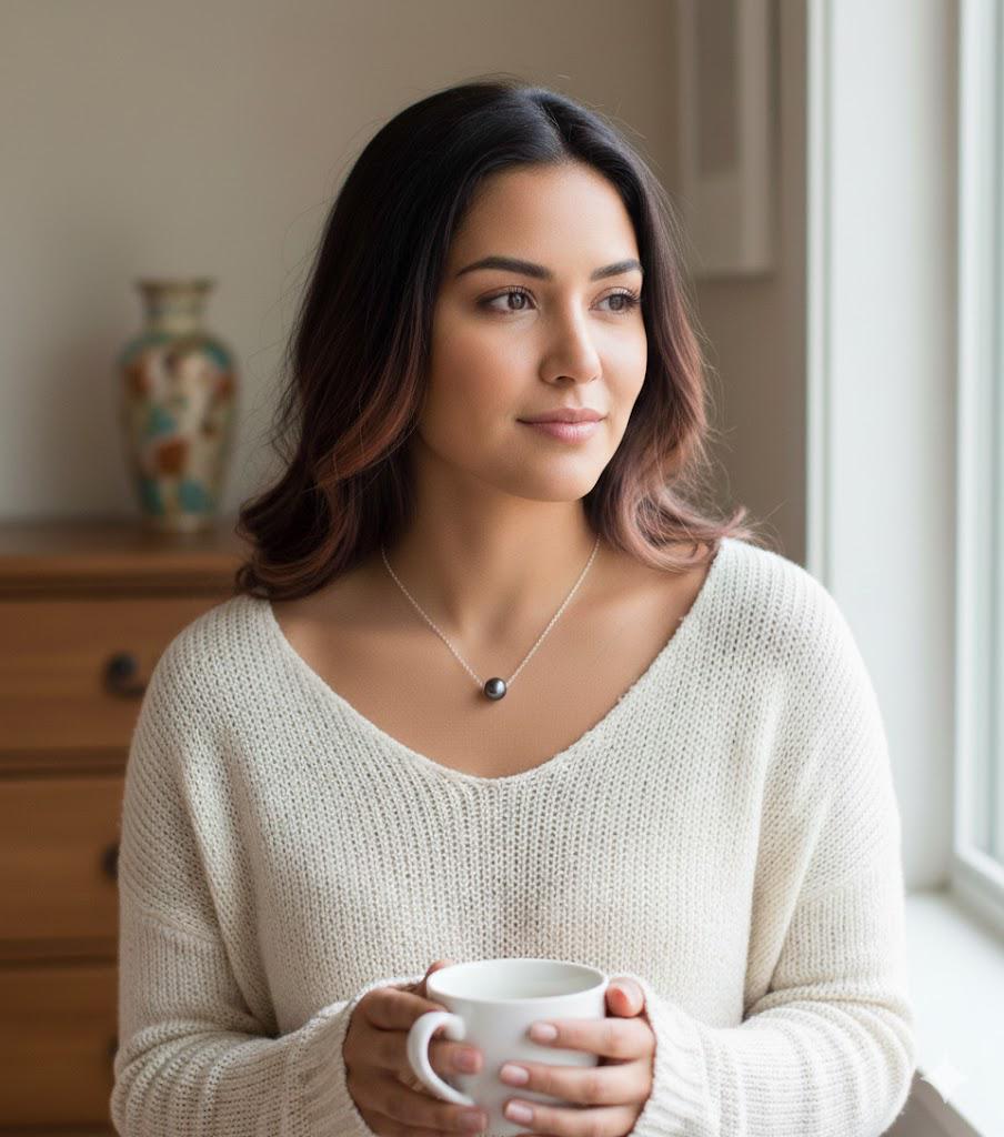 925 Sterling Silver Pearl Necklace & Hoop Earrings Set – 6-7mm Beaded with Freshwater Pearls (Black/White/Peach) – 15-17 Inch Silver Chain