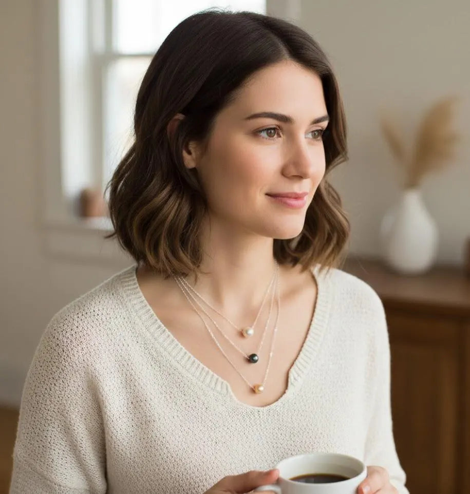 925 Sterling Silver Pearl Necklace & Hoop Earrings Set – 6-7mm Beaded with Freshwater Pearls (Black/White/Peach) – 15-17 Inch Silver Chain