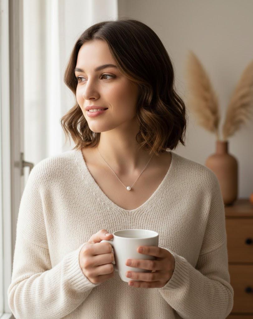 925 Sterling Silver Pearl Necklace & Hoop Earrings Set – 6-7mm Beaded with Freshwater Pearls (Black/White/Peach) – 15-17 Inch Silver Chain