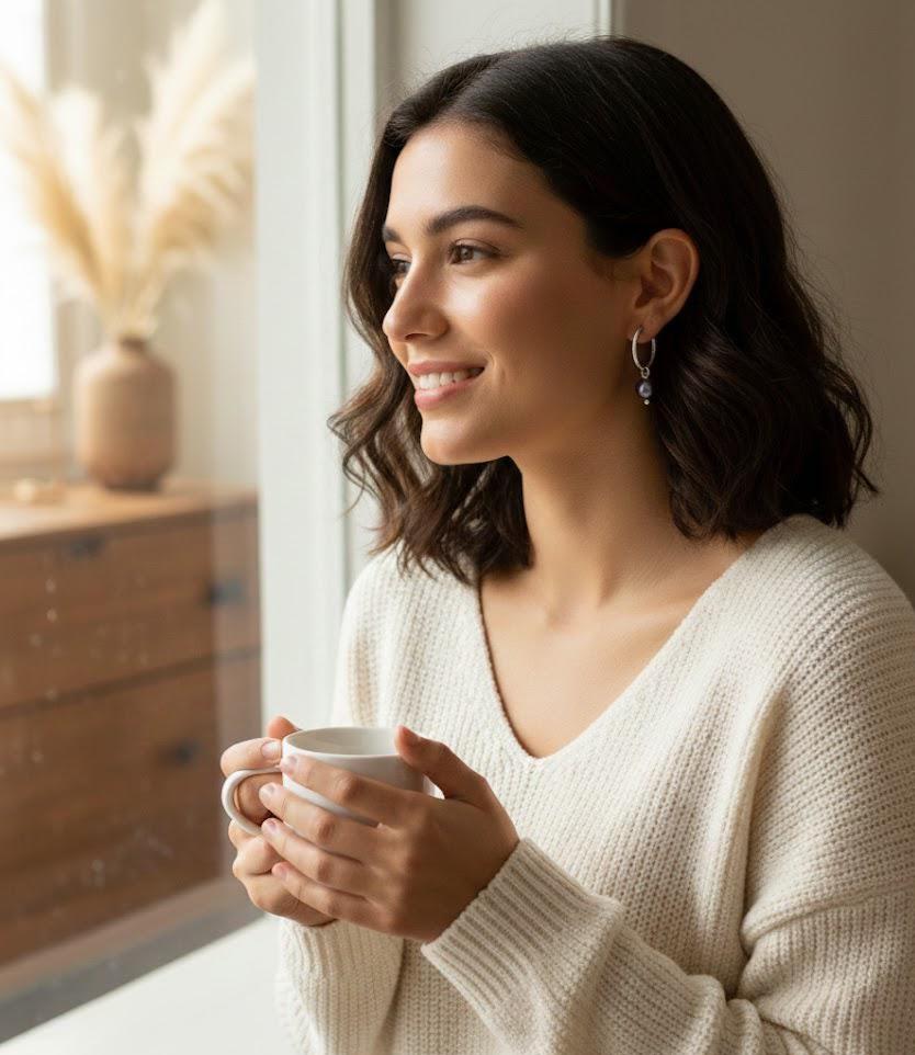 925 Sterling Silver Pearl Necklace & Hoop Earrings Set – 6-7mm Beaded with Freshwater Pearls (Black/White/Peach) – 15-17 Inch Silver Chain