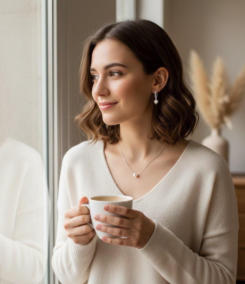 925 Sterling Silver Pearl Necklace & Hoop Earrings Set – 6-7mm Beaded with Freshwater Pearls (Black/White/Peach) – 15-17 Inch Silver Chain