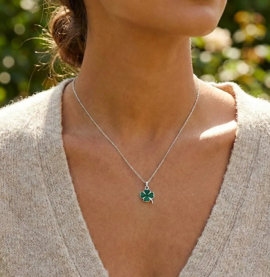 Shamrock Pendant with 18 Inch Chain – Green and Turquoise Gemstone, 925 Silver Lucky Clover Necklace, Charm Minimalist Boho Gift, Shamrock