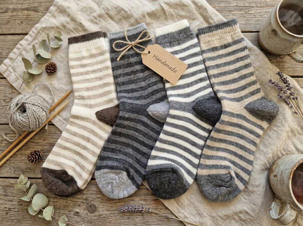 Kids Striped Alpaca Wool Socks • Warm Medium Knit Winter Socks for Boys & Girls • Cosy Toddler Thermal Socks • EU 19-34 / UK 3T-2A
