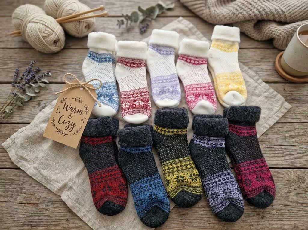 Anti-Slip Cabin Socks 1 Pair Cosy Wool Blend | Nordic Fair Isle Winter Slipper Socks | Warm Fleece Lined Home Socks | Gift for Her & Him