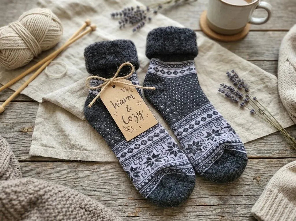 Anti-Slip Cabin Socks 1 Pair Cosy Wool Blend | Nordic Fair Isle Winter Slipper Socks | Warm Fleece Lined Home Socks | Gift for Her & Him