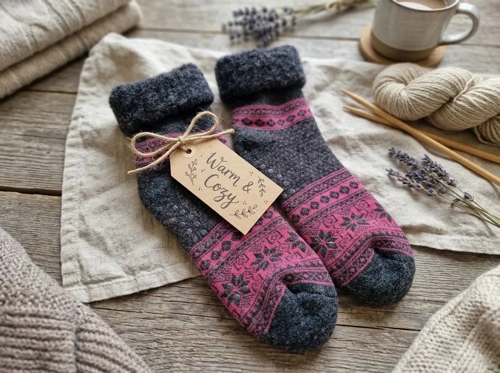 Anti-Slip Cabin Socks 1 Pair Cosy Wool Blend | Nordic Fair Isle Winter Slipper Socks | Warm Fleece Lined Home Socks | Gift for Her & Him