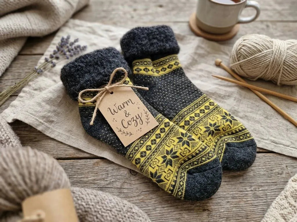 Anti-Slip Cabin Socks 1 Pair Cosy Wool Blend | Nordic Fair Isle Winter Slipper Socks | Warm Fleece Lined Home Socks | Gift for Her & Him