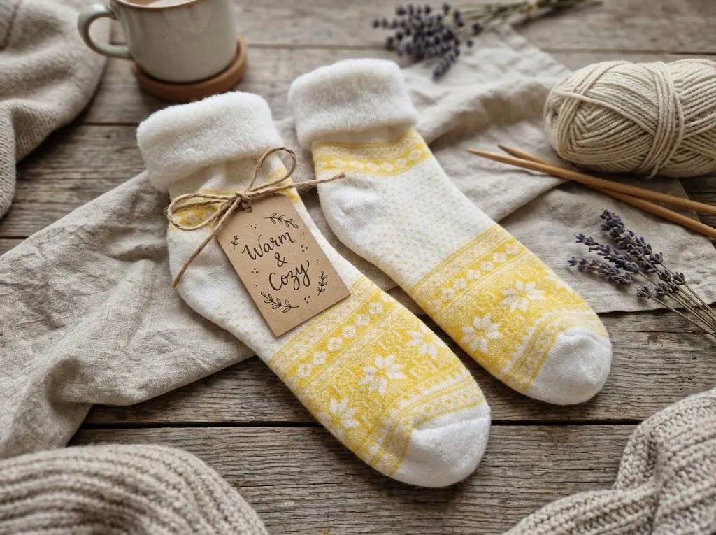 Anti-Slip Cabin Socks 1 Pair Cosy Wool Blend | Nordic Fair Isle Winter Slipper Socks | Warm Fleece Lined Home Socks | Gift for Her & Him