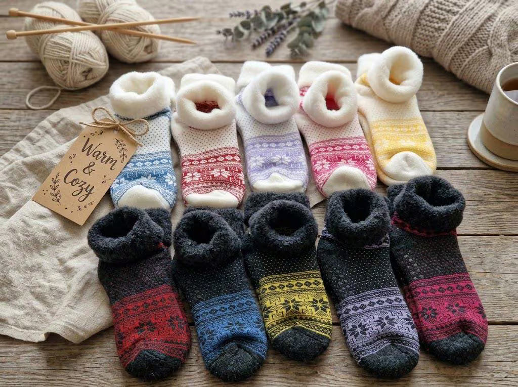Anti-Slip Cabin Socks 1 Pair Cosy Wool Blend | Nordic Fair Isle Winter Slipper Socks | Warm Fleece Lined Home Socks | Gift for Her & Him