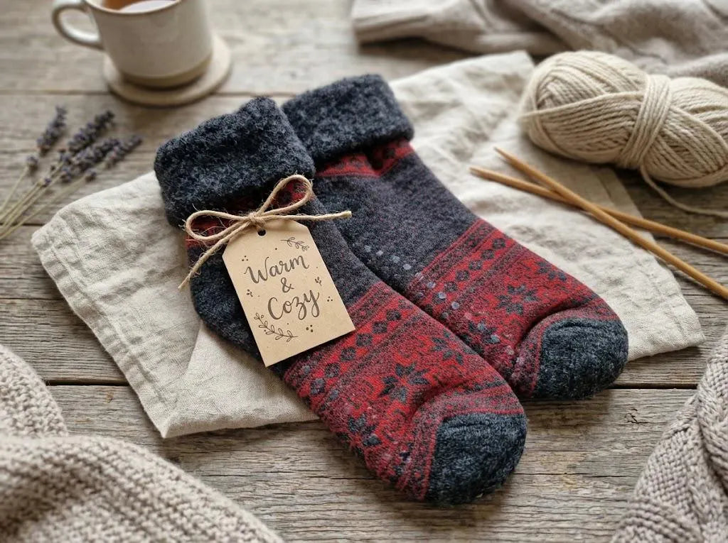 Anti-Slip Cabin Socks 1 Pair Cosy Wool Blend | Nordic Fair Isle Winter Slipper Socks | Warm Fleece Lined Home Socks | Gift for Her & Him