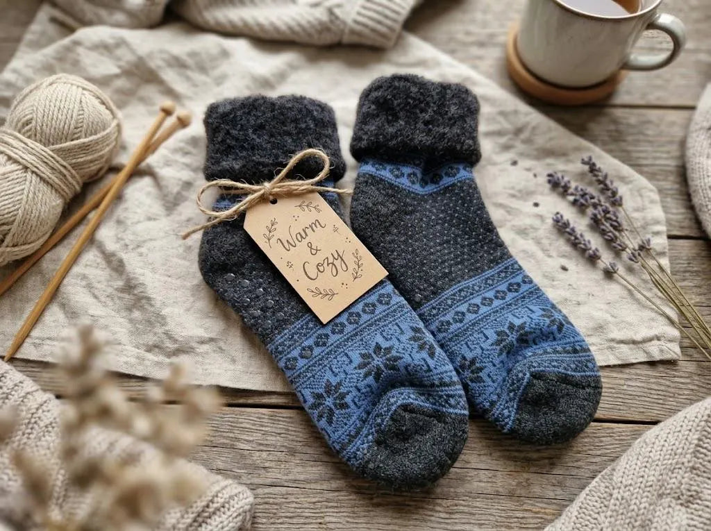 Anti-Slip Cabin Socks 1 Pair Cosy Wool Blend | Nordic Fair Isle Winter Slipper Socks | Warm Fleece Lined Home Socks | Gift for Her & Him