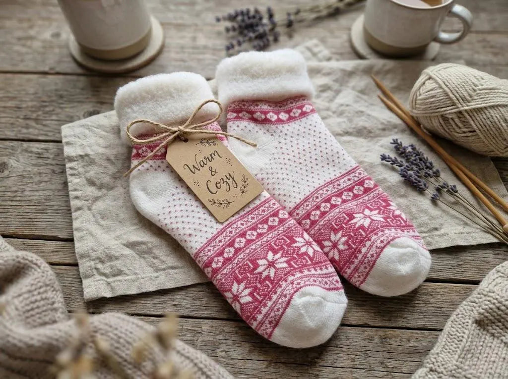 Anti-Slip Cabin Socks 1 Pair Cosy Wool Blend | Nordic Fair Isle Winter Slipper Socks | Warm Fleece Lined Home Socks | Gift for Her & Him