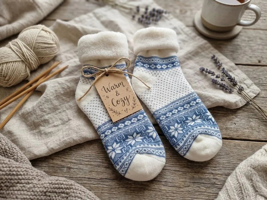 Anti-Slip Cabin Socks 1 Pair Cosy Wool Blend | Nordic Fair Isle Winter Slipper Socks | Warm Fleece Lined Home Socks | Gift for Her & Him