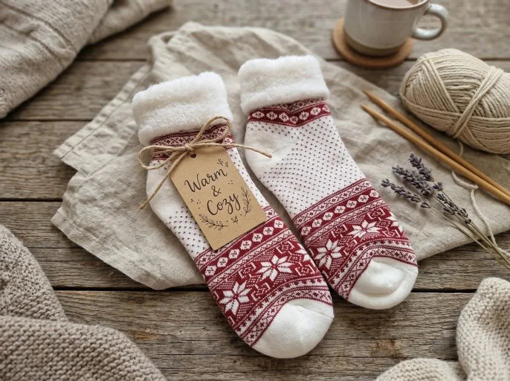Anti-Slip Cabin Socks 1 Pair Cosy Wool Blend | Nordic Fair Isle Winter Slipper Socks | Warm Fleece Lined Home Socks | Gift for Her & Him