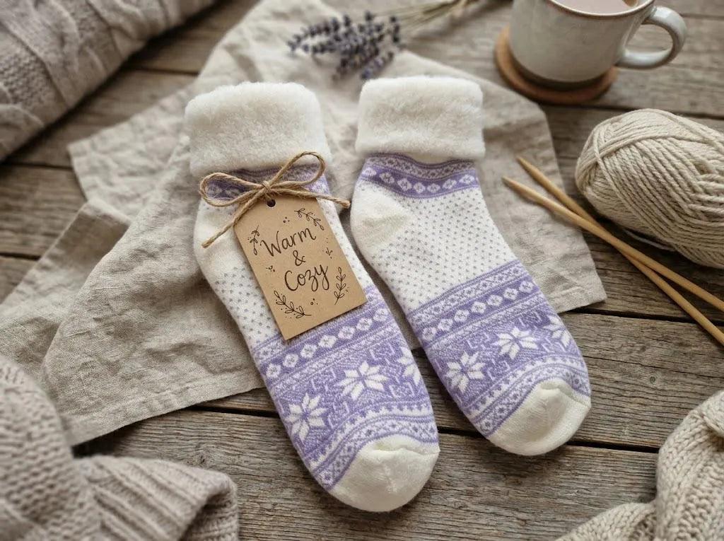 Anti-Slip Cabin Socks 1 Pair Cosy Wool Blend | Nordic Fair Isle Winter Slipper Socks | Warm Fleece Lined Home Socks | Gift for Her & Him