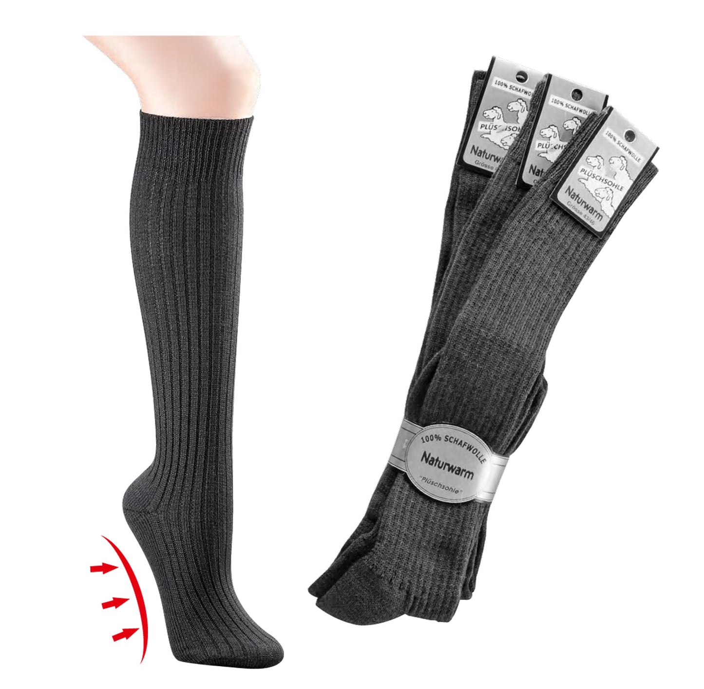 Knee High Wool Socks - 100% Sheep Wool, Full Plush & Ribbed - Ultra Warm Winter Wear, Bundle of 3 Cosy Socks for Men and Women - Charcoal