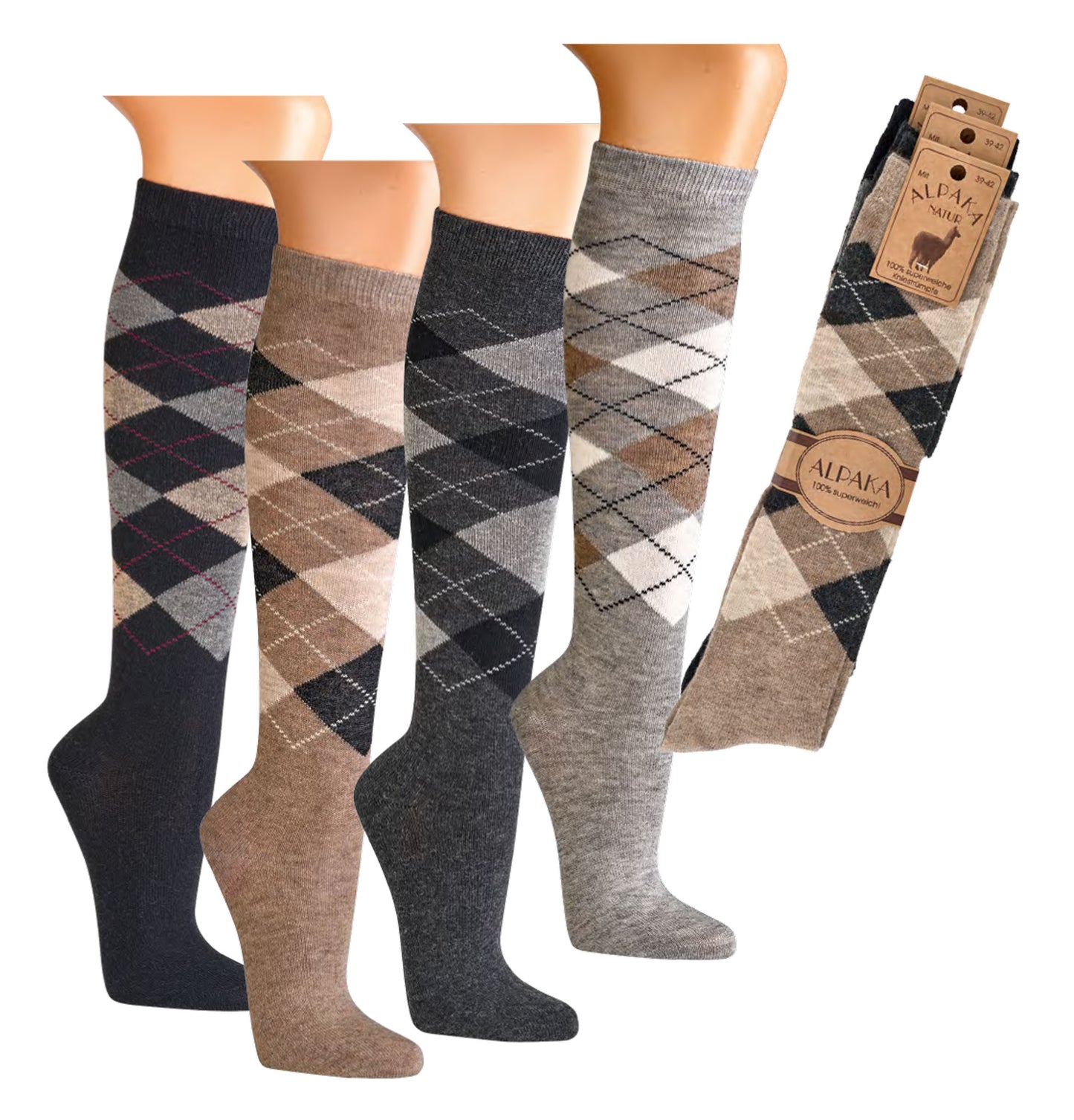 3pair Luxury Alpaca Knee High Socks | Extra Fine Warm Winter Socks | Argyle Pattern | Seamless Hand-Linked Toe | Ultra Soft With Alpaca Wool